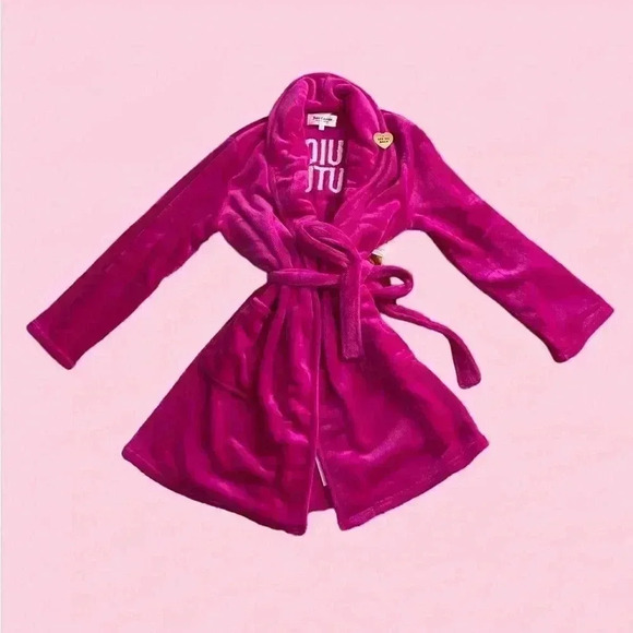 Juicy Couture Barbiecore Pink Silver Sequined Logo Plush Robe Sz S/M - Picture 10 of 10